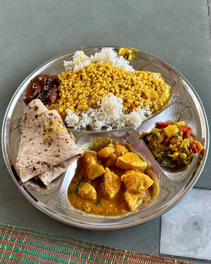 Ashram-style thali with dal and vegetables